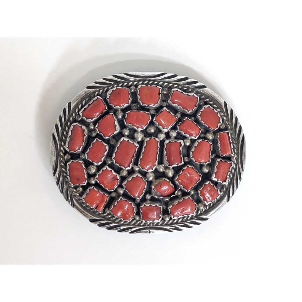 Vintage Navajo Charles Johnson Sterling Silver Coral Belt Buckle
